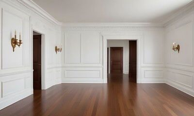 Fototapeta premium A classic white paneled wall with ornate moldings and a hardwood floor.