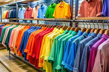Obraz premium Vibrant color stacked clothes on shelf for sale in a busy supermarket interior, showcasing fashionable brand new shirts in a shopping mall clothing store.