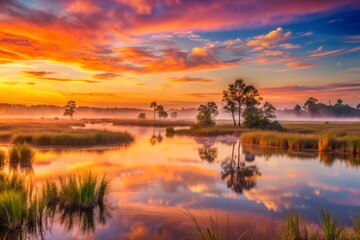 Vibrant dawn breaks over serene wetlands at Circle B Bar Reserve in Florida, as soft pink and orange hues dance across the misty horizon.
