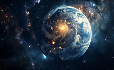 Earth is positioned at the center of a breathtaking spiral galaxy, surrounded by vibrant cosmic...