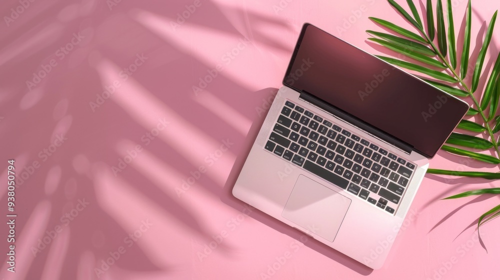 Poster a laptop is open on a pink background with a leafy green background