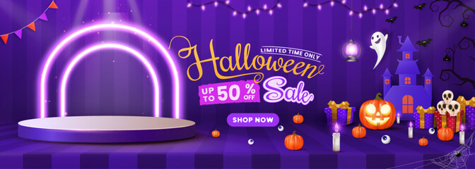 A Halloween sale banner template with a podium, pumpkins, candles, lanterns, and bats. Ideal for websites or banners, showcasing a range of Halloween-themed elements.