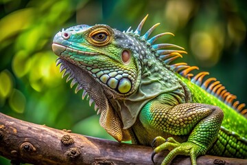Obraz premium Vibrant female American green iguana perches on a branch, showcasing its bright scaly skin and spiky back, a stunning example of an arboreal reptile in its natural habitat.