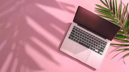 A laptop is open on a pink background with a leafy green background