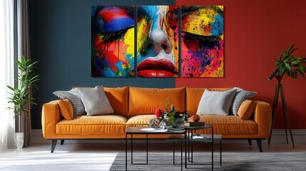 A modern living room interior with a colorful abstract painting of a woman's face on the wall.