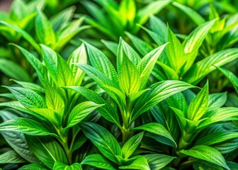 Vibrant green Alligator weed, an exotic tropical grass with a distinct aroma, sways gently in the garden, its delicate leaves contrasting with the soft background.