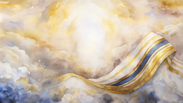 Watercolor background with soft flowing patterns in white and gold, symbolizing the traditional and sacred  prayer shawl tallit
