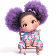 Fototapeta premium Adorable baby girl character with large purple afro puff buns sitting on a small wooden stool, 3D digital illustration.