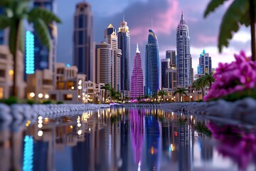 Obraz premium A 3D Dubai Marina skyline with soft pastel colors on the right, representing the luxury and modernity of the UAE.