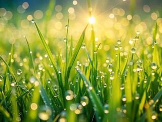Fototapeta premium Vibrant lush green grass in a serene meadow glistens with morning dew drops, capturing the essence of nature's freshness and purity in a stunning panoramic close-up.