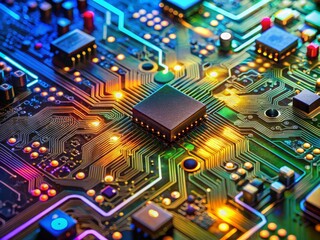 Obraz premium Vibrant macro shot of a high-tech electronic circuit board, showcasing intricate networks of microchips, wires, and metallic components, ideal for technology and innovation concepts.