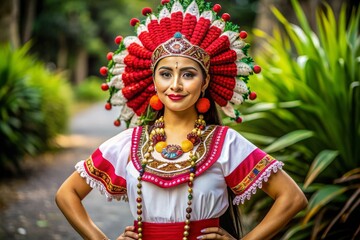 Vibrant Mexican warrior costume adorns a confident woman posing in a red dress, white shirt, pink headband, and necklace, exuding warmth and cultural pride.