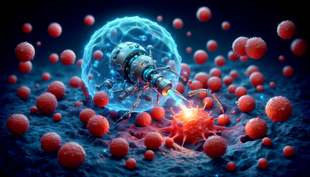 Ein Nanoroboter bek&auml;mft eine Krebszelle. 3D k&uuml;nstliche Illustration f&uuml;r Poster, Hintergr&uuml;nde und social-media.