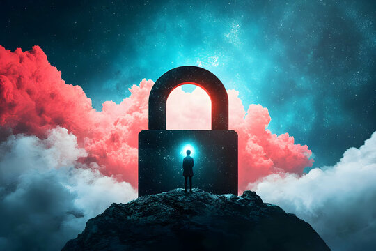 Unlocking your potential and limits, discovering your purpose concept. a person standing before a giant padlock, the key to which glows with the energy of self-belief.