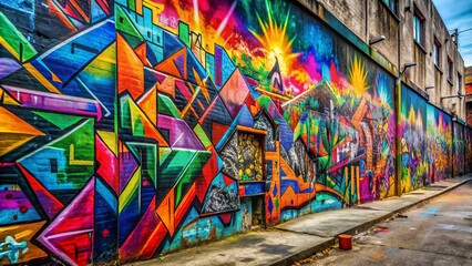 Vibrant multi-colored graffiti tags and abstract patterns cover a weathered urban concrete wall, blending street art with geometric shapes in a dynamic visual explosion.