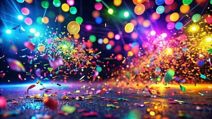 Vibrant neon lights and confetti-filled celebration atmosphere on a dark night, marking the start of a fresh new year with hope and excitement.
