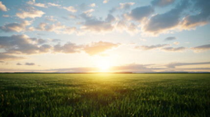 A tranquil scene of a vast open field bathed in the warm glow of sunrise, with soft clouds adorning the sky.