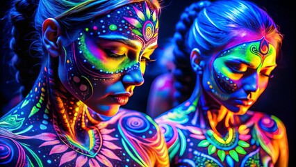 Vibrant neon UV body paint designs glow on skin in dark setting, mesmerizing abstract patterns and shapes shimmering with an otherworldly radiant intensity.