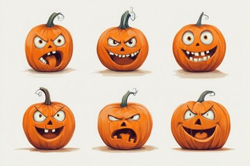 Set of six expressive cartoon Halloween pumpkins