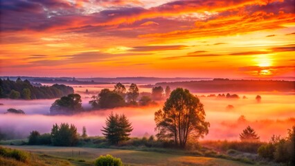 Vibrant orange and pink hues illuminate the misty horizon as dawn breaks, casting a warm glow on the serene landscape at peaceful morning sunrise.