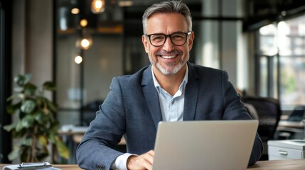 Portrait of happy mid aged business man executive working on laptop in office. Senior company manager investor using computer sitting at desk. Smiling older professional businessman looking at camera