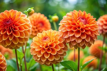 Vibrant orange dahlia blooms against a lush green backdrop, showcasing delicately curved petals and a statuesque stem, perfect for floral designs and greeting cards.