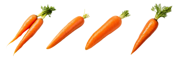 Four fresh carrots with green tops. PNG