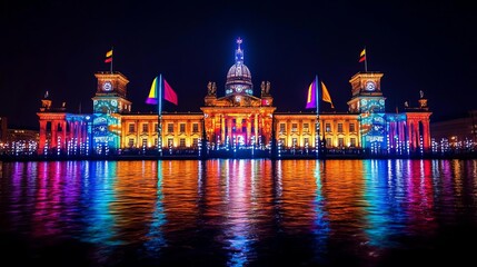 German Unity Day patriotism Illuminated German landmarks at night with unity-themed light shows, German landmarks, light show, unity celebration