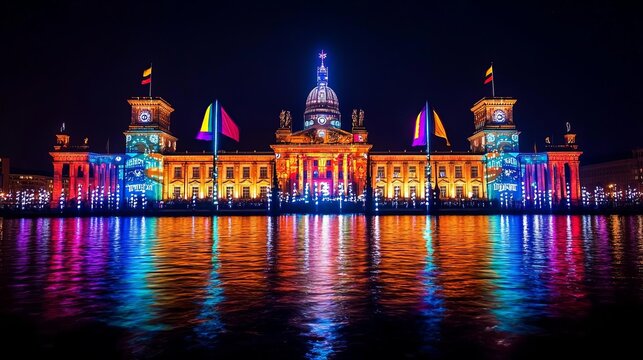 German Unity Day patriotism Illuminated German landmarks at night with unity-themed light shows, German landmarks, light show, unity celebration