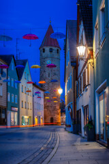 Naklejka premium Historic tower in the city of Gunzenhausen at night