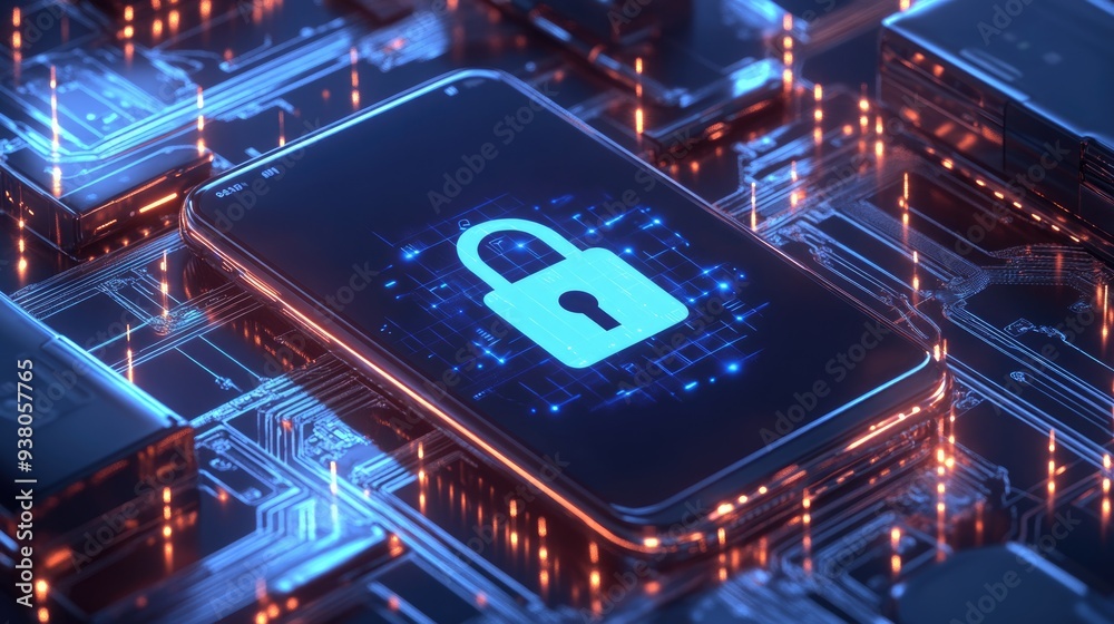 Poster a smartphone shows an open padlock icon, surrounded by circuitry and data streams representing sophi