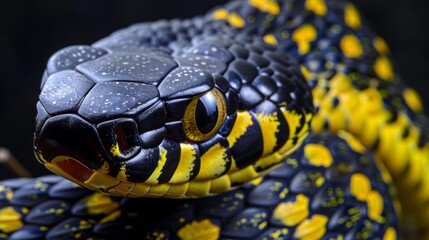 Fototapeta premium A black and yellow snake with a yellow stripe on its head