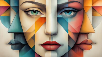 Abstract Cubist Portrait with Geometric Faces