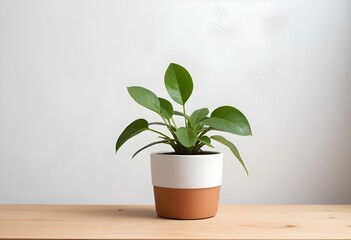 Fototapeta premium A small potted plant with green leaves on a wooden surface against a white wall.