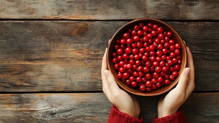 Woman with Fresh Dogwood Berries in Wooden Bowl