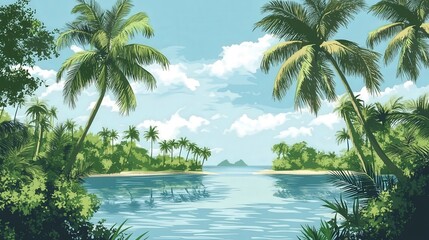 Obraz premium Tropical paradise with lush palm trees framing a calm lagoon and distant islands.