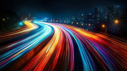 Obraz premium Urban light trails in a bustling city at night ideal for dynamic and modern wallpapers