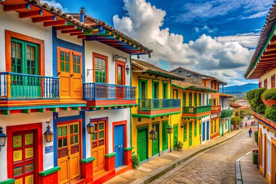 Vibrant rainbow-hued houses with ornate balconies and terracotta rooftops line the cobblestone streets of Salento, Quindio, Colombia, showcasing the town's rich cultural heritage.