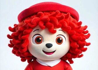 Vibrant, red, beret-wearing Olympic mascot posed solo on a pristine white background, showcasing colorful, curly hairstyle and friendly facial expression in a vertical frame.