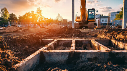 Wykonywanie fundamentów na placu budowy z widocznymi maszynami i wyposażeniem w tle, otoczone placem budowy pełnym ziemi.