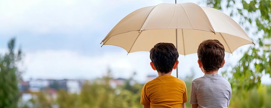 Children playing under an umbrella shaped like a shield, representing safety and insurance, life insurance umbrella, protection, coverage