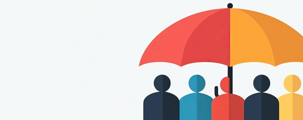 Diverse group of people under a single large umbrella, symbolizing community life insurance, life insurance umbrella, protection, coverage