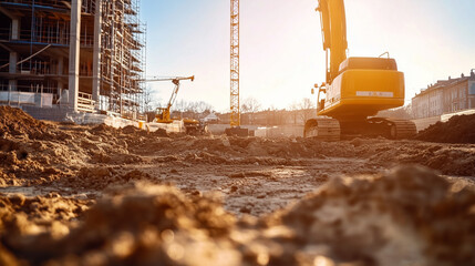 Wykonywanie fundamentów na placu budowy z widocznymi maszynami i wyposażeniem w tle, otoczone placem budowy pełnym ziemi.