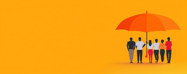 Diverse group of people under a single large umbrella, symbolizing community life insurance, life insurance umbrella, protection, coverage