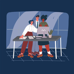 Cartoon vector illustration of team leader presenting job application on display to colleagues.