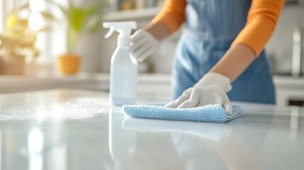 Professional Woman Cleaning with Spray Bottle and Microfiber Cloth