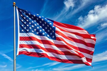 Obraz premium Vibrant red, white, and blue American flag waving in the wind, symbolizing patriotism and freedom on Independence Day, against a clear blue summer sky.