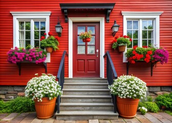 Fototapeta premium Vibrant red wooden house with white trim, flower boxes bursting with red and white blooms, and a solid black door with white wood stairs.