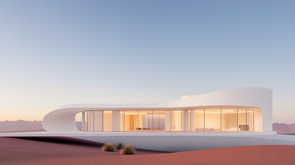 Fototapeta premium White luxury modern villa in desert at sunset, designed in streamlines