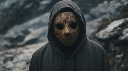 Mężczyzna w drewnianej masce przypominającej stary, mroczny artefakt, ubrany w hoodie, stoi na tle skalistych ścian.